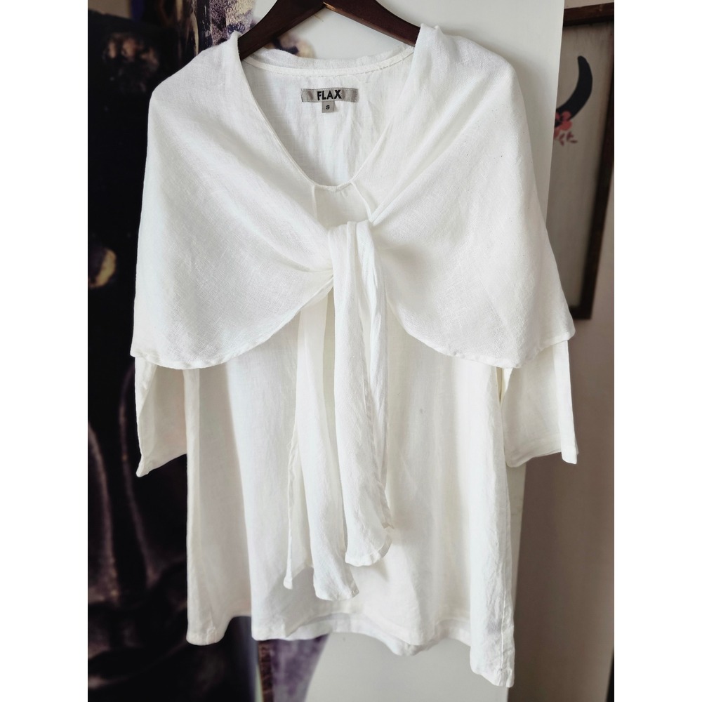 FLAX White Linen Tie Front Capelet Tunic Blouse Top Small Womens